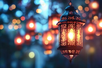 Poster - A close-up shot of a lantern with lights in the background, ideal for use in interior design, event planning or as a decorative element