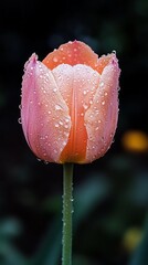 Aufkleber - Bright pink tulip blooms under a gentle rain, adorned with shimmering water droplets that enhance its natural elegance. This serene moment encapsulates spring's freshness and vibrancy