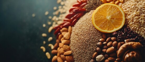 Poster - A colorful selection of fresh fruits, nuts, and seeds arranged on a table