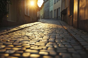 Aufkleber - A quiet cobblestone street with the sun setting behind the buildings, perfect for use in travel or architecture scenes
