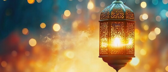 Poster - A lantern hanging from a string with warm lights in the background, suitable for use as a decorative element or to add ambiance