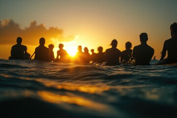 Poster - People surfing in calm ocean waters with sunshine and palm trees