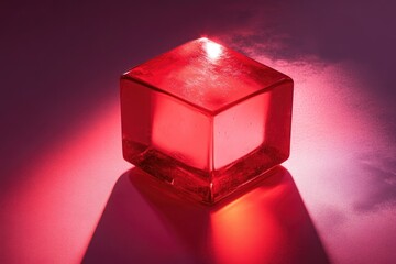 Poster - A single red glass block sits on a table, ideal for use in product or still life photography