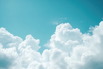 Poster - An airplane flies through a cloudy blue sky with fluffy white clouds