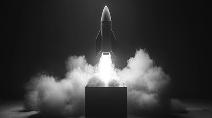 Poster - Black and white photograph of a rocket launching into space, with smoke and flames visible
