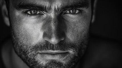 Poster - A black and white portrait of a man with a beard, looking serious