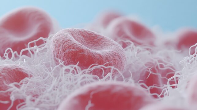 Close-Up View of Red Blood Cells Rendered with Soft Textures and Smooth Surfaces Against a Blue Background, Illustrating Human Circulatory System Elements