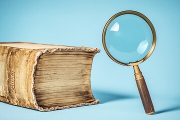 Aufkleber - A magnifying glass sits atop an old book, suitable for illustrations about reading, learning, or vintage themes