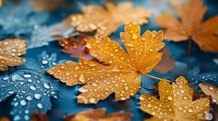 Aufkleber - Raindrops cling delicately to a tapestry of orange and gold leaves, reflecting the colorful hues of autumn. A peaceful atmosphere resonates, celebrating the season's ephemeral charm