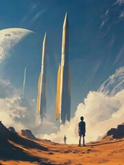 Poster - A person standing next to several rockets, possibly in a launch preparation or post-flight setting