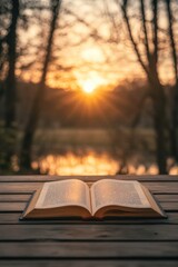 Poster - An open book sitting on top of a wooden table, perfect for educational or literary concepts