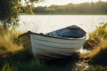 Poster - A white boat sits atop a lush green field, offering a serene and peaceful atmosphere