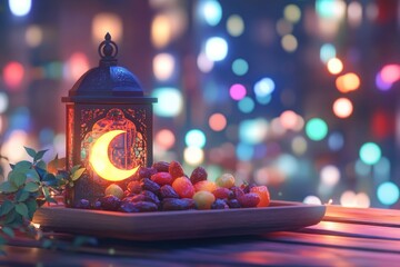 Poster - A still life image featuring a plate of fruit and a lantern on a table