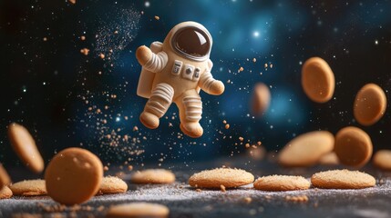 Poster - An astronaut floats above a plate of cookies, offering a unique and whimsical scene for use in editorial or commercial purposes