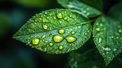 Poster - Nestled in a tranquil garden, droplets of water gracefully cling to the emerald surface of a leaf. This captures a moment of nature's artistry, glistening in the fresh morning light