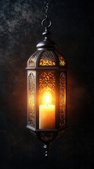 Poster - A lantern with a lit candle hanging from a chain, perfect for ambiance or decoration