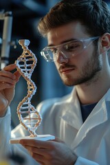 Aufkleber - A scientist holding a 3D model of DNA, suitable for educational and scientific illustrations