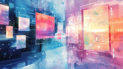Fototapete - In a futuristic setting, colorful shapes and panels float amidst a backdrop of vibrant blues and pinks, creating an abstract and immersive digital landscape that evokes creativity and innovation
