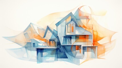 Poster - A colorful abstract representation of multiple houses intertwining with soft hues of blue and orange. The artwork captures the essence of modern architecture, highlighting fluid lines and forms