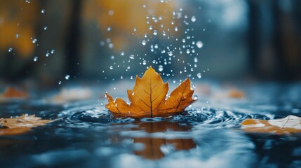 Aufkleber - Soft water droplets dance upon a brilliant autumn leaf, creating a mesmerizing display. Nature's colors blend as the droplets reflect the surrounding serene backdrop, highlighting tranquility