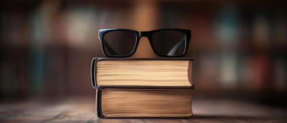 Poster - A stack of books with reading glasses on top, perfect for a study or reading corner