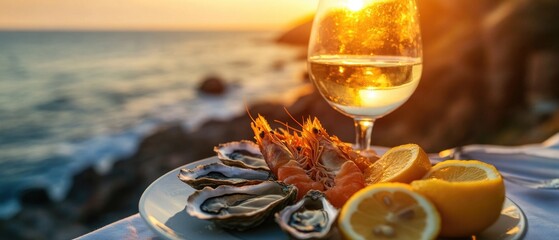 Aufkleber - A plate of food and a glass of wine on a table