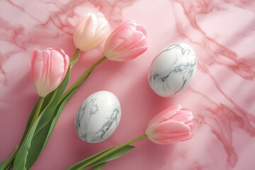 Poster - Easter eggs decorated with marbled designs and surrounded by tulips on a pink background