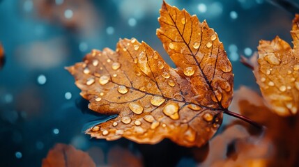 Poster - In the serene embrace of early morning, golden autumn leaves capture water droplets, reflecting nature's beauty. Each droplet sparkles like a tiny gem, enhancing the leaves' intricate patterns