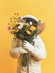 Aufkleber - An astronaut holds a bouquet of flowers in space suit
