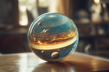 Aufkleber - A glass sphere containing miniature planets sits on a table, perfect for use as a decorative piece or in educational settings