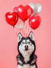 Poster - A happy husky holding a bunch of red and white heart-shaped balloons, great for Valentine's Day or any romantic occasion