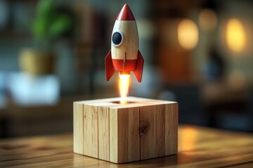 Poster - A small toy rocket perched on top of a wooden block, ready for launch