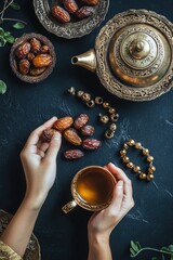 Poster - A person enjoying a cup of tea alongside a plate of dates