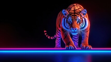 Poster - Futuristic Tiger Walking on Energy Efficient Pedestrian Path with Neon Light Effects in Dark Environment