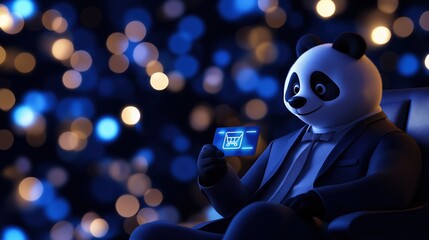 Aufkleber - Stylish panda character holds a futuristic holographic loyalty card in a vibrant digital setting