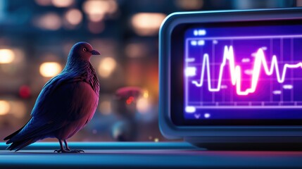 Poster - Futuristic Pigeon Perched Near AI Powered Health Monitoring Screen in Vibrant City Environment