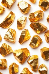 Poster - Close-up shot of numerous gold-colored diamonds arranged on a white surface
