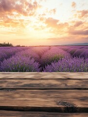 Poster - A wooden table situated amidst a serene field of lavender