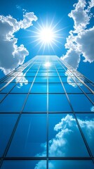 Poster - Glass windows of a skyscraper reflect the vibrant sunlight as it shines brightly above. Fluffy clouds add depth to the picturesque skyline, creating a serene urban atmosphere