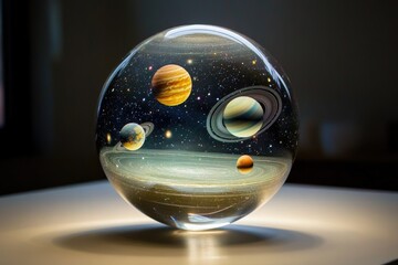 Poster - A clear glass sphere on a table displaying planets