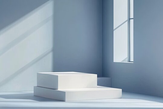 Sunlit minimalist room with white tiered display platform