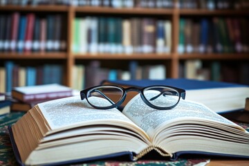 Poster - A pair of glasses sitting on top of an open book, perfect for illustrations or designs
