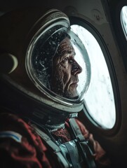 Poster - Astronaut peers out spaceship window, observing distant planet or stars