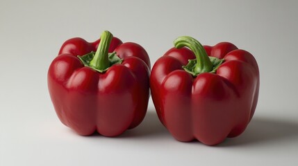 Poster - Two red peppers sit side by side on a white surface, perfect for food styling or adding a pop of color to your shot