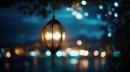 Poster - A light hanging from a tree branch reflected in the calm surface of the water