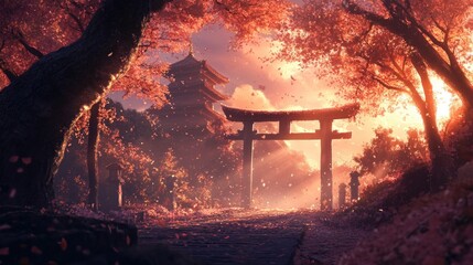 Poster - A rustic wooden gate in the midst of a forest, surrounded by lush greenery and golden sunlight at sunset