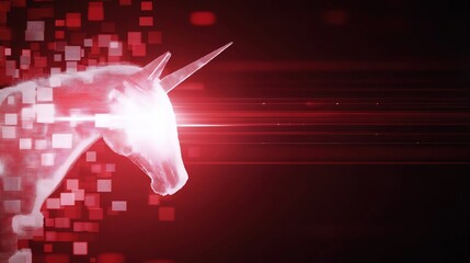 Poster - Dynamic Abstract Unicorn Head in Red Background with Futuristic Elements and Digital Effects