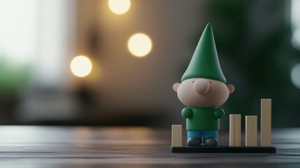 Poster - Cute Gnome Character Standing Beside Bar Graph on Table with Blurred Background for Performance Analysis