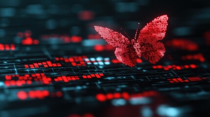 Poster - Digital Butterfly Flying Through Futuristic Data Landscape in a Vibrant Red and Black Aesthetic