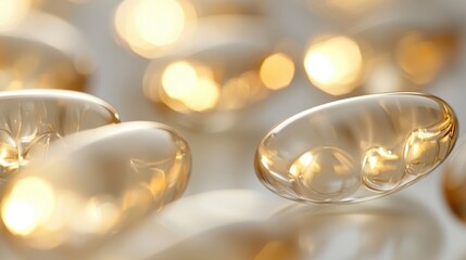Poster - Transparent golden capsules are scattered on a smooth surface, reflecting warm light and showcasing their shiny texture against a soft illuminated backdrop